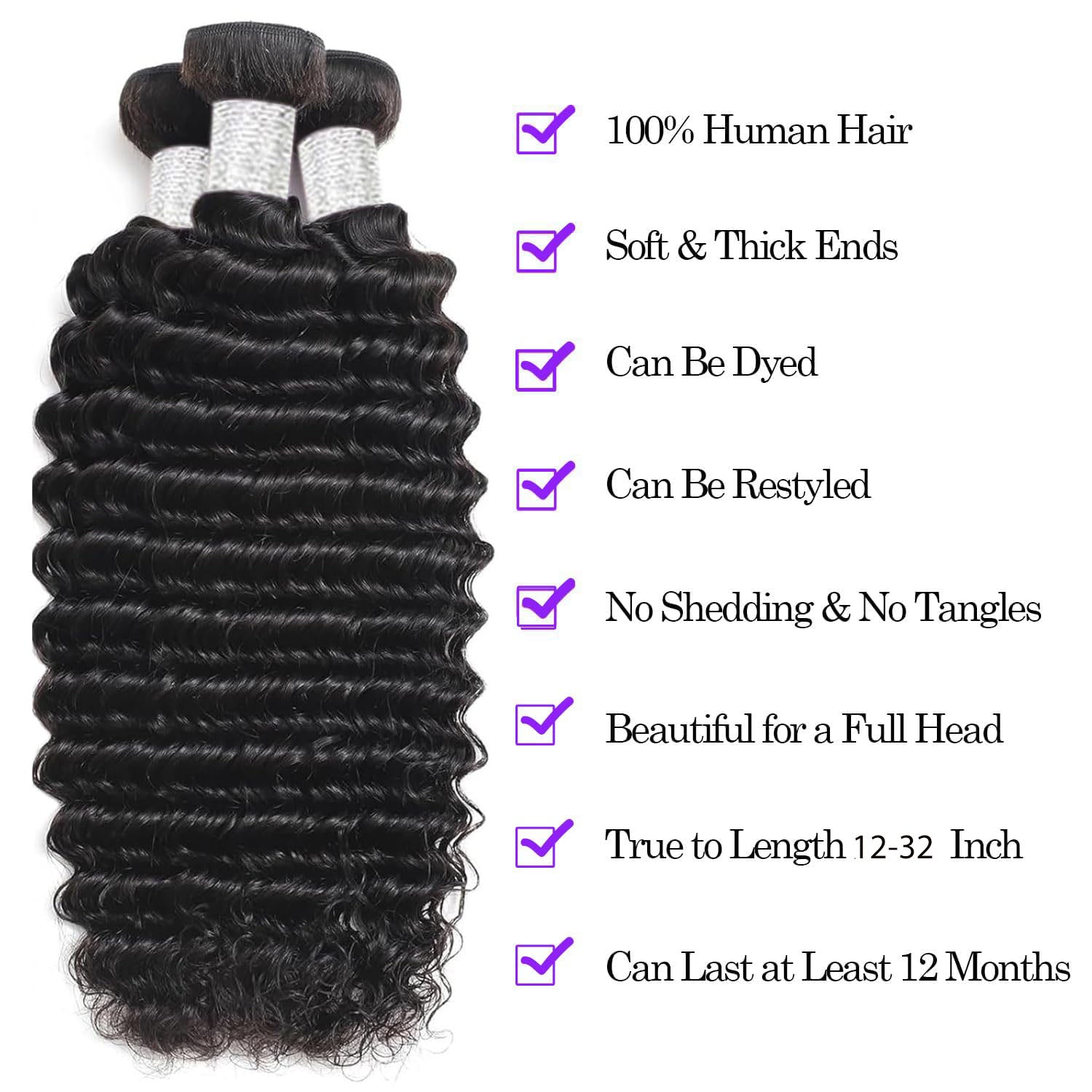 AngelBella Brazilian Deep Wave Human Hair Bundles 12-32 Inch 100% Unprocessed Brazilian Virgin Human Hair Weave Bundles Curly Wave Hair Extensions Natural Color